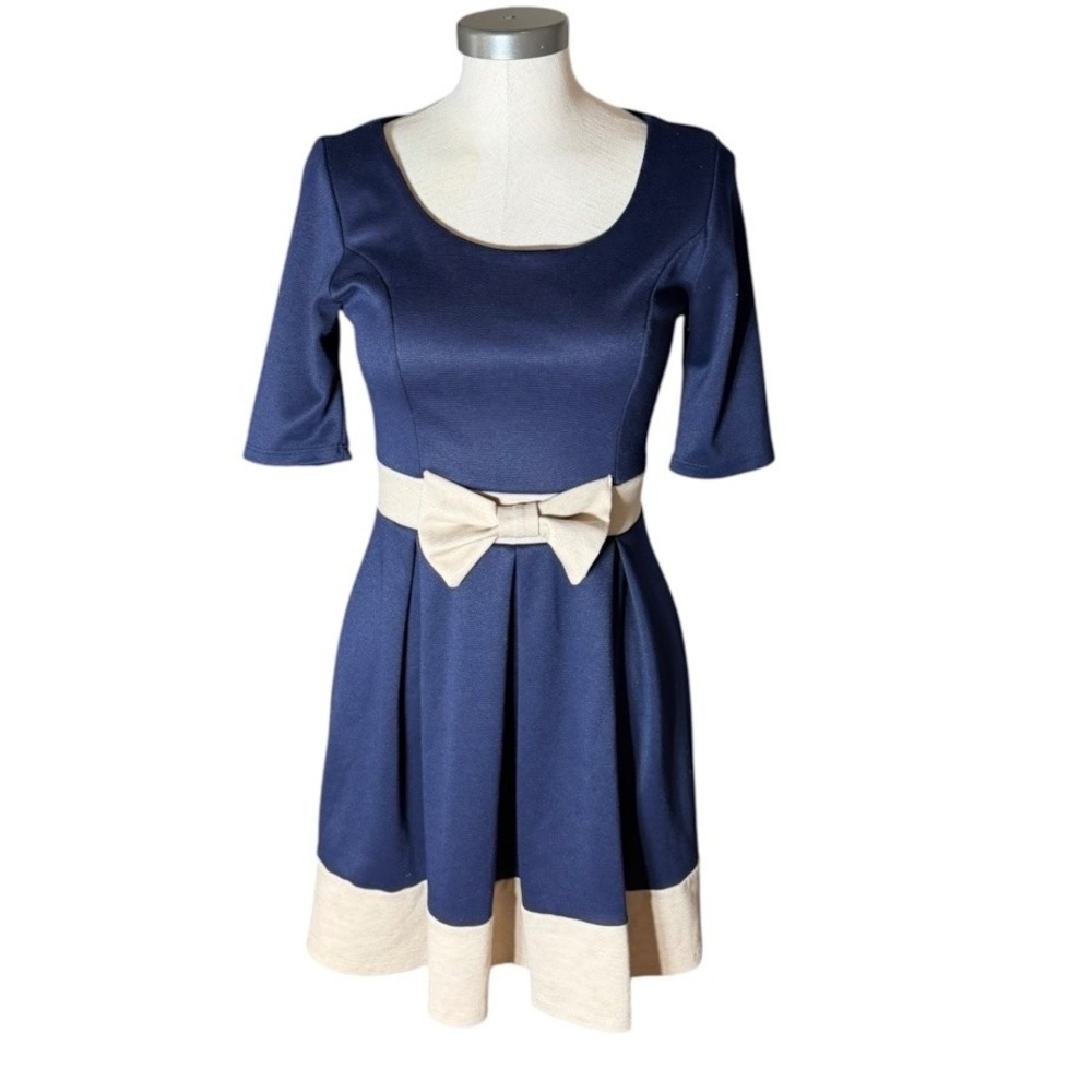 Monteau Navy Blue Cream Bow Accent Fit Flare Dress Short Sleeve Size L 55108-L